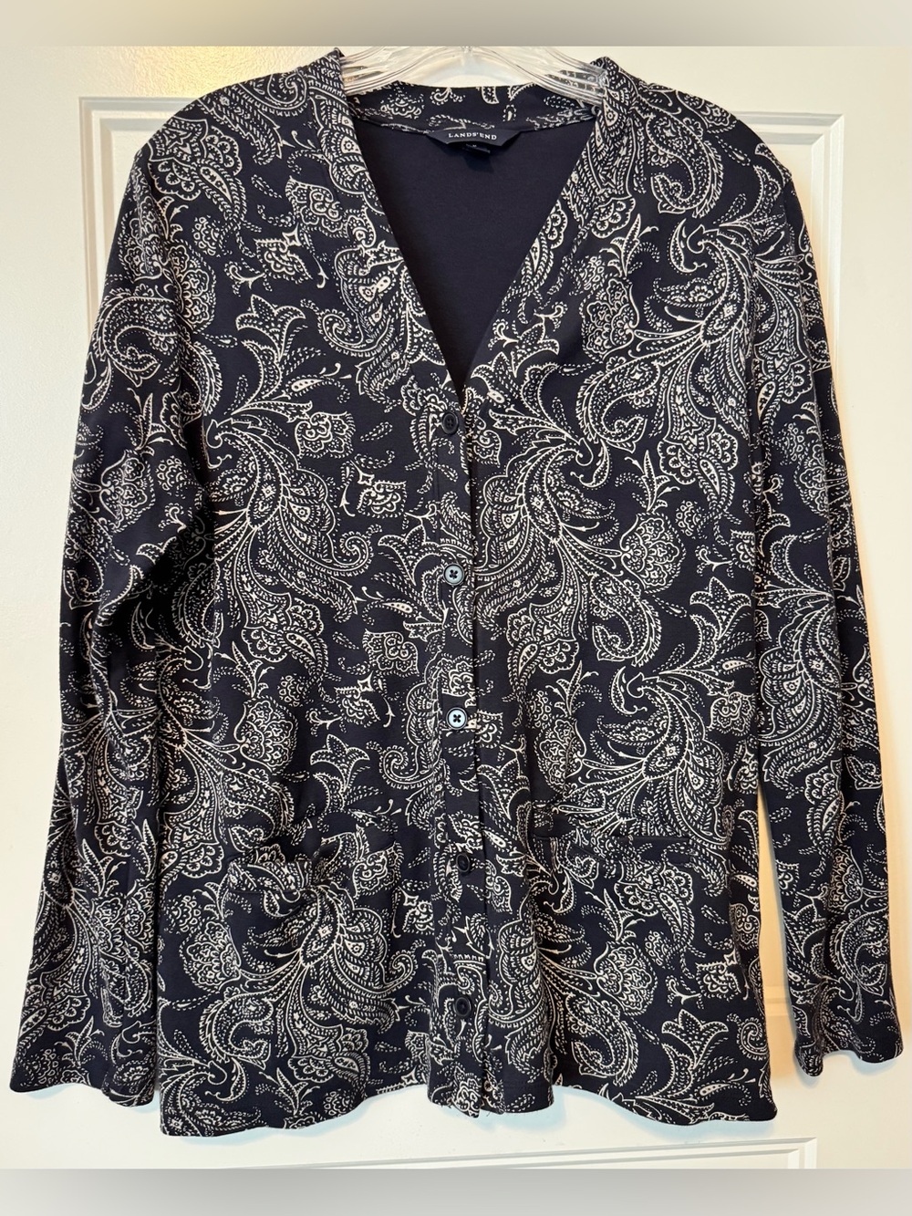 Lands' End Paisley Print Cardigan Navy White Button Front Cardigan Sweater 10-12